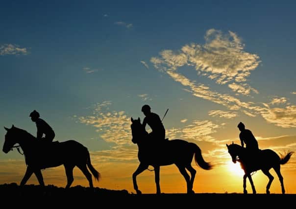 Horses ride out at sunrise at Belmont racecourse in New York. Picture: Getty