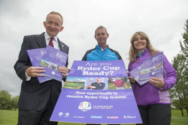 Mike Cantlay of Visit Scotland, left, and clubgolfs Jackie Davidson, right, launch Ryder Cup Ready with Stuart Callan. Picture: Kenny Smith