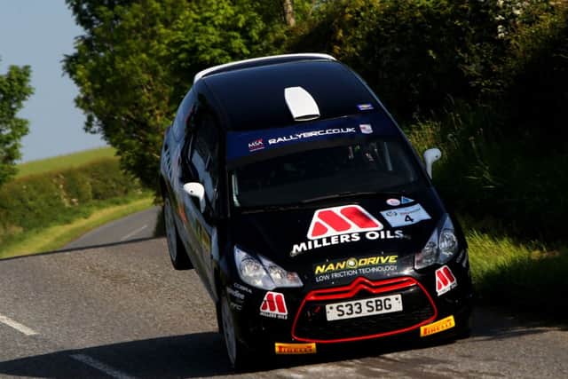 Callum Black and co-driver James Morgan in their Citroen DS3 on a stage before the tragic incident which caused the Jim Clark Rally to be ended prematurely. Photograph: Jakob Ebrey