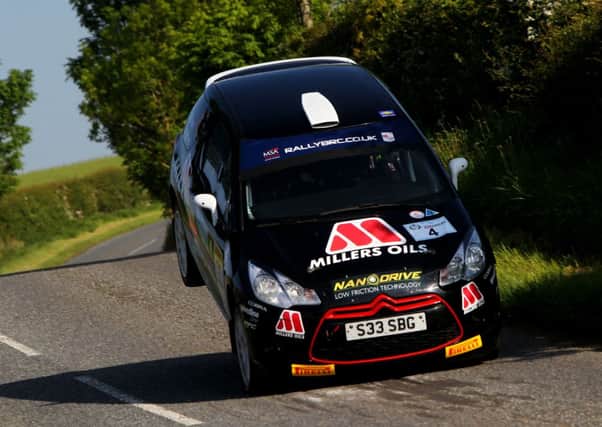 Callum Black and co-driver James Morgan in their Citroen DS3 on a stage before the tragic incident which caused the Jim Clark Rally to be ended prematurely. Photograph: Jakob Ebrey