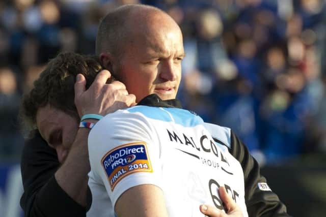 Glasgow Warriors head coach Gregor Towensend comforts Ruaridh Jackson at full time. Picture: SNS