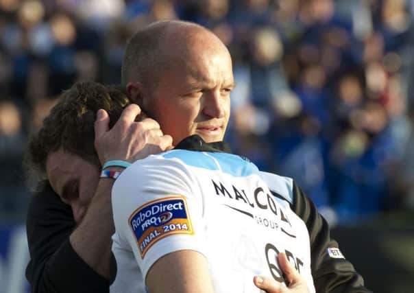 Glasgow Warriors head coach Gregor Towensend comforts Ruaridh Jackson at full time. Picture: SNS