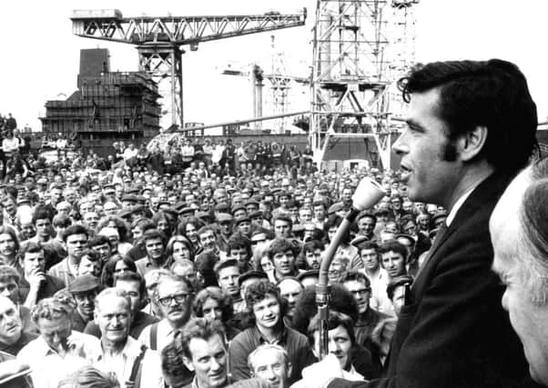 Shop stewards convener Jimmy Reid addresses a mass meeting of the Upper Clyde Shipyards workforce at Clydebank, July 1971. Picture: TSPL