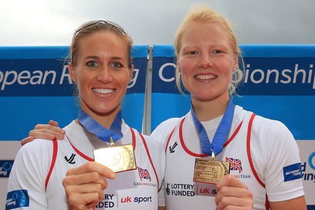 Helen Glover, left, and Polly Swann of Great Britain celebrate after winning the European womens pair title. Picture: Getty