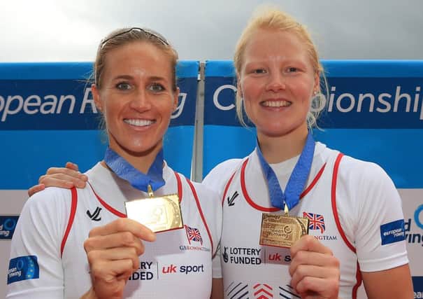 Helen Glover, left, and Polly Swann of Great Britain celebrate after winning the European womens pair title. Picture: Getty