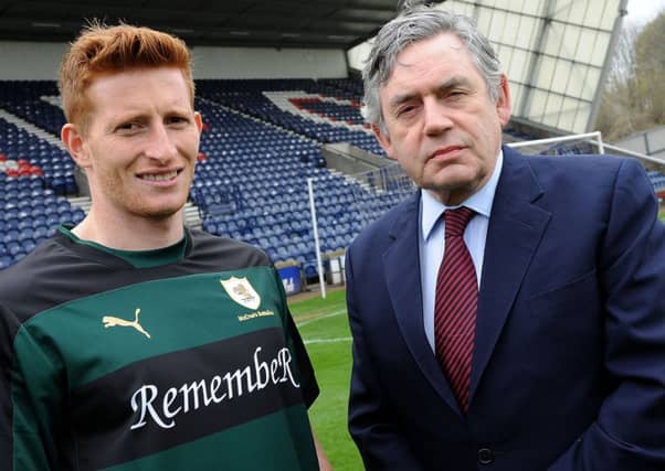 Gordon Brown at the launch of the McCrae's Battalion shirt that Raith Rovers will adopt as their away strip next season. Picture: TSPL