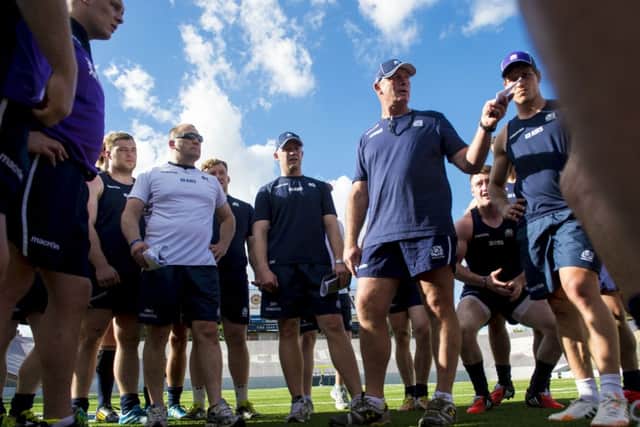 Vern Cotter (2nd right) takes his first training session as Scotland boss. Picture: SNS