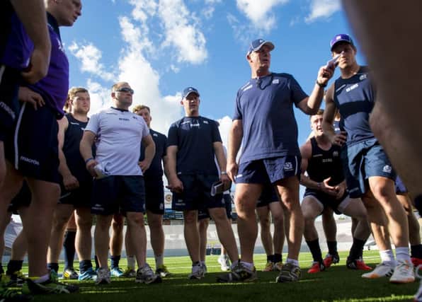 Vern Cotter (2nd right) takes his first training session as Scotland boss. Picture: SNS