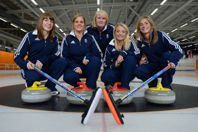 Rhona Howie, centre, with from left, Claire Hamilton, Vicki Adams, Anna Sloan and Eve Muirhead. Picture: Getty