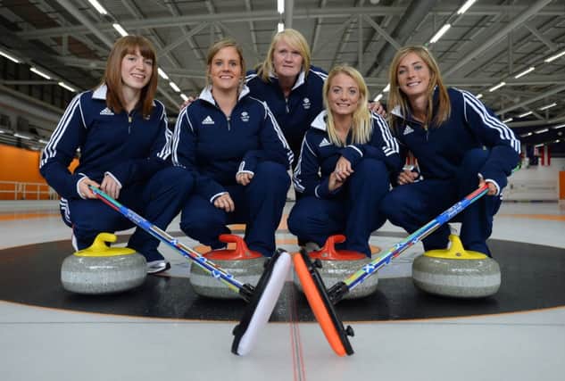 Rhona Howie, centre, with from left, Claire Hamilton, Vicki Adams, Anna Sloan and Eve Muirhead. Picture: Getty
