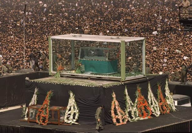 On this day in 1989 the funeral of Ayatollah Khomeini took place in Iran with around a million people in attendance. Picture: Getty