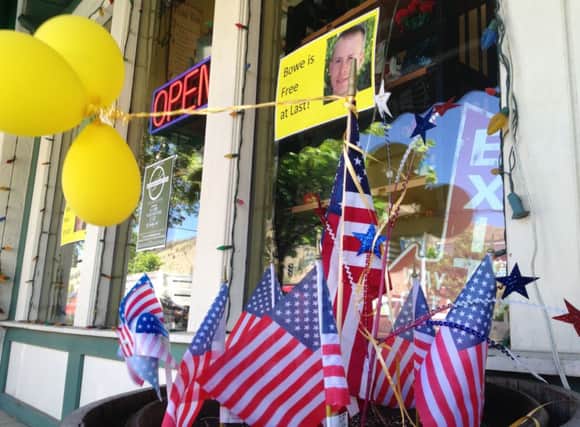 Decorations outside a shop in Sgt Bergdahls hometown of Hailey in Idaho. Security fears have put an end to party plans. Picture: AP
