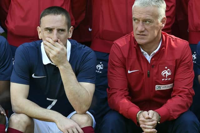 Franck Ribery and coach Didier Deschamps pose for a team photo yesterday. Picture: Getty