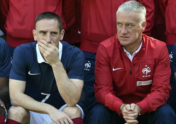 Franck Ribery and coach Didier Deschamps pose for a team photo yesterday. Picture: Getty