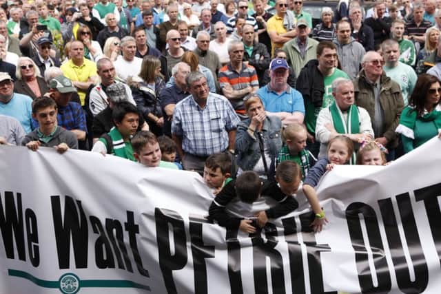 Hibs fans gather at Easter Road to damand Rod Petrie steps down as Chairman. Picture: Toby Williams