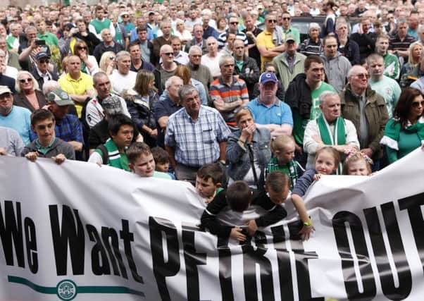 Hibs fans gather at Easter Road to damand Rod Petrie steps down as Chairman. Picture: Toby Williams