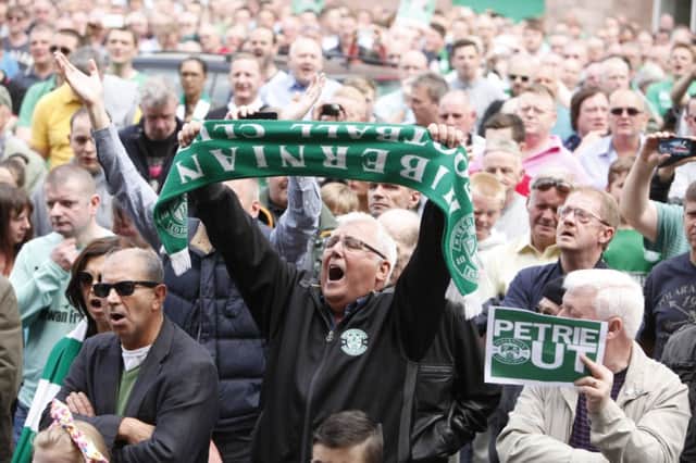 Hibs fans turned out in their numbers for the Petrie Out rally behind Easter Roads main stand on Saturday. Picture: Toby Williams