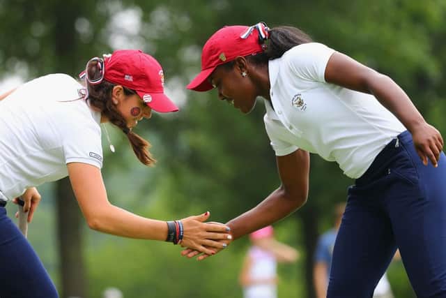 Mariah Stackhouse and Emma Talley celebrate after winning the 11th hole. Picture: Getty