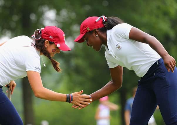 Mariah Stackhouse and Emma Talley celebrate after winning the 11th hole. Picture: Getty