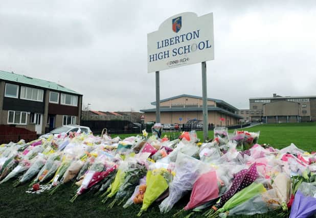 Tributes at Liberton High Schoo after the tragic accident that killed pupil Keane Wallis-Bennett. Picture: Lisa Ferguson