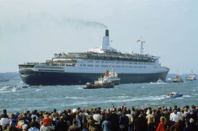 On this day in 1982 the QE2 returned to Southampton from the Falklands with survivors from three destroyed British warships. Picture: Getty