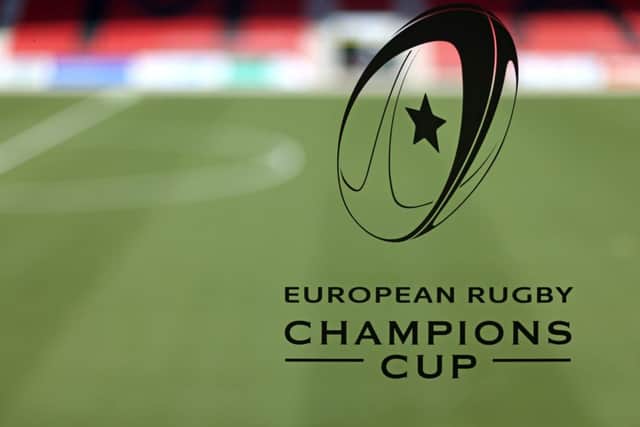 A European Rugby Champions Cup logo sits on a glass window of the Stade de la Maladiere. Picture: Getty