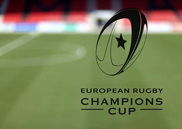 A European Rugby Champions Cup logo sits on a glass window of the Stade de la Maladiere. Picture: Getty