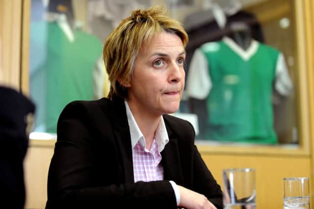 Hibs chief executive Leann Dempster speaks to the press after Terry Butcher's departure. Picture: Lisa Ferguson