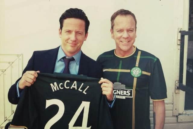 Ross McCall, left, and Kiefer Sutherland sport their new Celtic tops. Picture: twitter.com/maccageezer