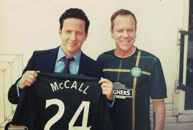 Ross McCall, left, and Kiefer Sutherland sport their new Celtic tops. Picture: twitter.com/maccageezer
