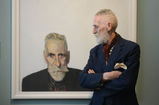 Artist John Byrne standing in front of John Byrne: Sitting Ducks. Picture: Neil Hanna