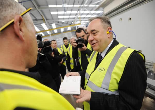 Alex Salmond gets a tour of Greenfold Systems Ltd in Dunfermline as he pledged to grow the industrial sector in Scotland by nearly a third after independence. Picture: Greg Macvean