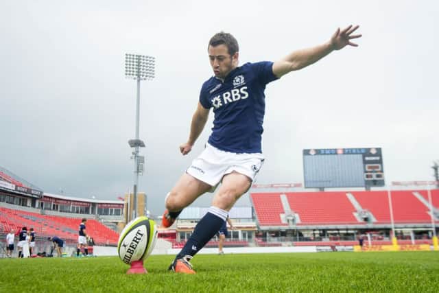 Scottish skipper Greig Laidlaw gets in some kicking practice at BDO Field in
Toronto. Picture: SNS