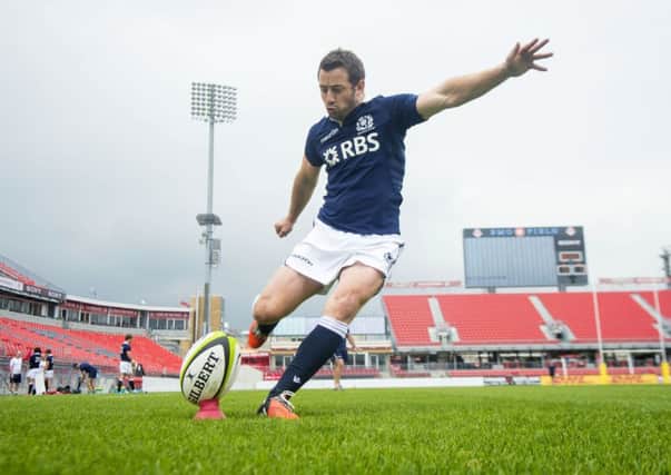 Scottish skipper Greig Laidlaw gets in some kicking practice at BDO Field in
Toronto. Picture: SNS