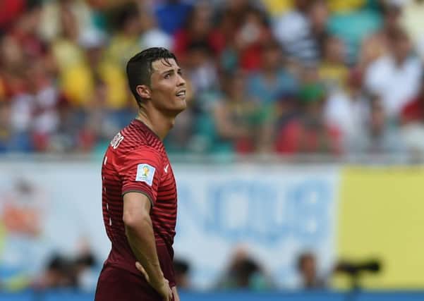 Cristiano Ronaldo looks exasperated as his side fell to a heavy defeat against Germany. Picture: Getty