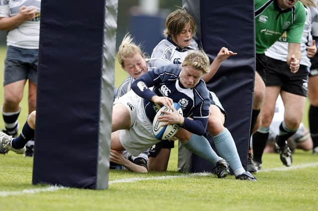 Keri Holdsworth scores a try during Scotland training. Picture: PA