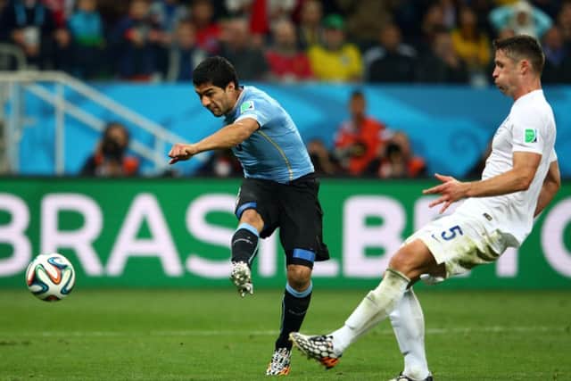 Luis Suarez scores Uruguay's second goal. Picture: Getty