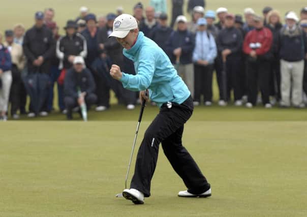 Sally Watson punches the air during the Curtis cup, she has now taken the lead in the Ladies Slovak Open. Picture: Ian Rutherford