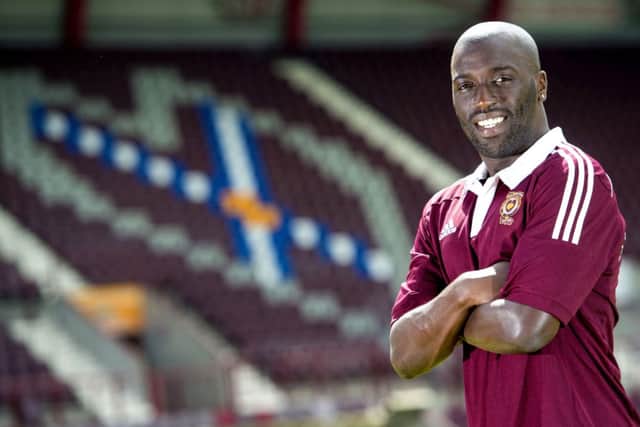 Morgaro Gomis speaks to the press as he is announced as Hearts' most recent signing. Picture: SNS
