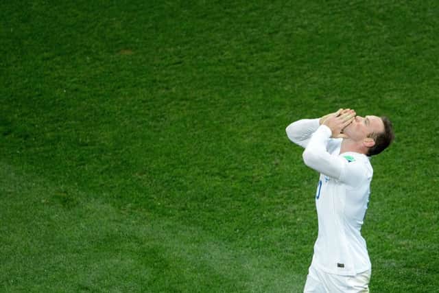 Wayne Rooney celebrates scoring his first World Cup goal during England's clash with Uruguay. Picture: Getty