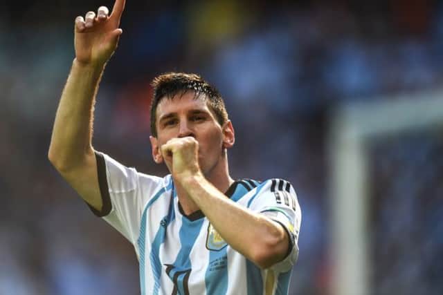 Argentine striker Lionel Messi celebrates his goal against Iran during their World Cup match. Picture: Getty