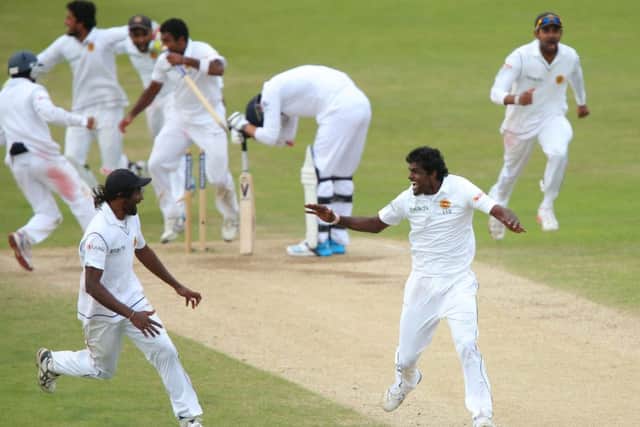 Sri Lankas Shaminda Eranga, right, shows his joy at taking the wicket of James Anderson. Picture: Getty