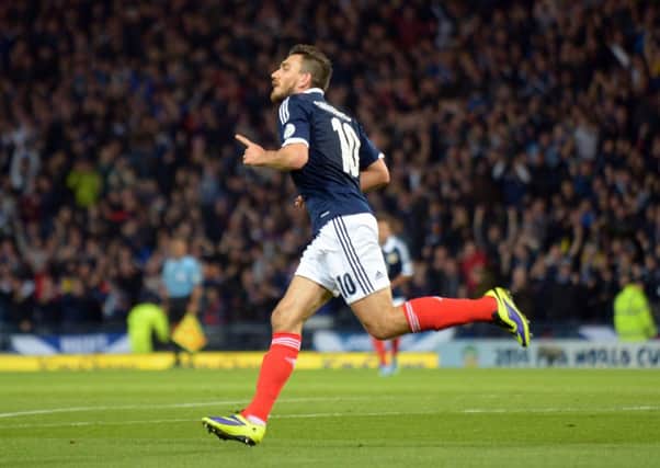 Robert Snodgrass celebrates scoring for Scotland against Croatia at Hampden. Picture: Phil Wilkinson