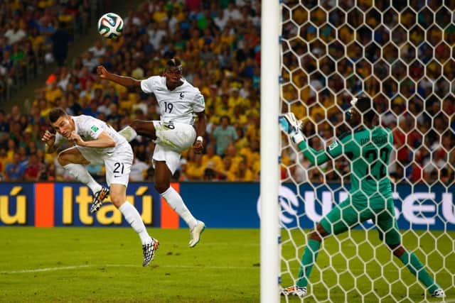 Paul Pogba of France heads the ball wide. Picture: Getty