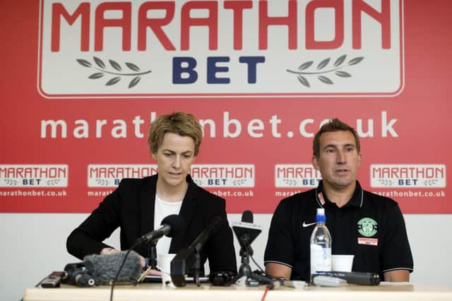 Leeann Dempster and Alan Stubbs face the press as the sponsorship deal with Marathonbet is announced. Picture: SNS