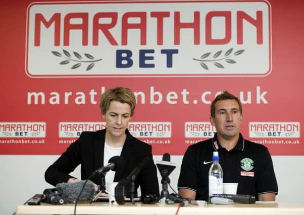 Leeann Dempster and Alan Stubbs face the press as the sponsorship deal with Marathonbet is announced. Picture: SNS