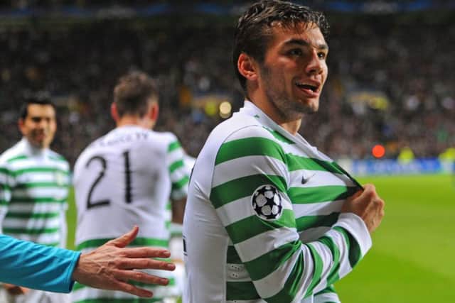 Tony Watt celebrates after scoring against Barcelona, he is now a target for Standard Liege. Picture: TSPL