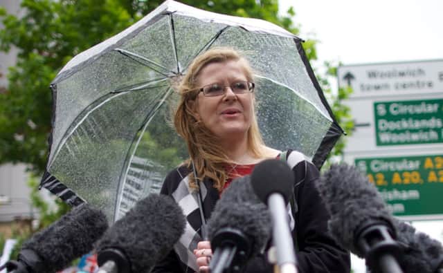 Ingrid LoyauKennett talks to the media at the scene after Fusilier Rigbys murder. Picture: Getty Images