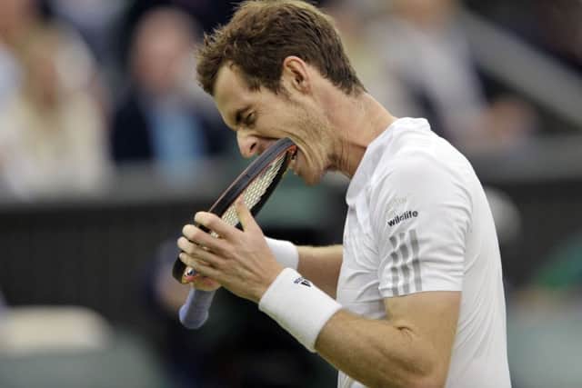 Andy Murray bites on his racket during a frustrating moment against Kevin Anderson on Centre Court. Picture: Ian Rutherford
