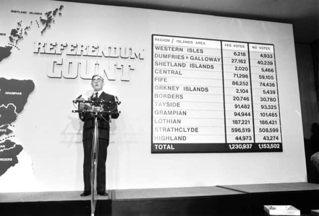 Ronald Fraser announces the results from the referendum on Scottish devolution in March 1979. Picture: Hamish Campbell